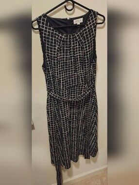 ELLE Black & White Grid Sleeveless Dress with Waist Tie
